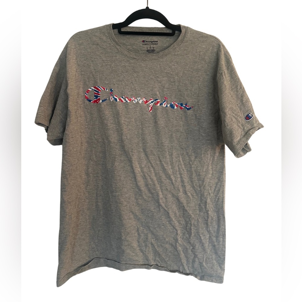 Champion Gray Patriotic Logo Tee Shirt Mens Large EUC